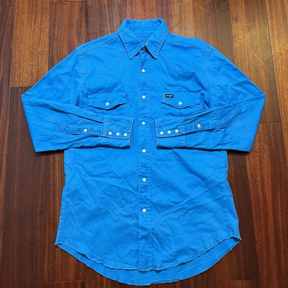 Wrangler Shirt Mens Medium Blue Premium Performance Advanced Comfort Pearl Snap